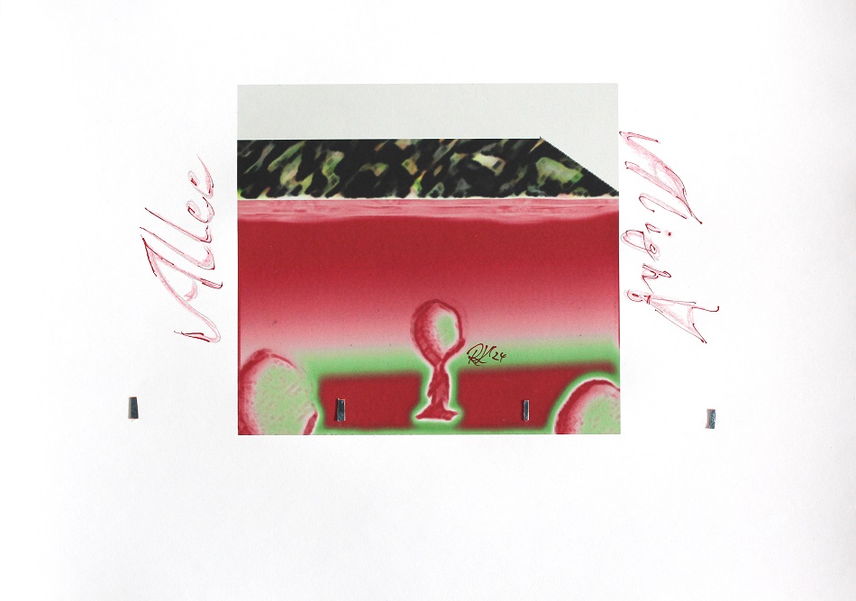 Allee_Align! - (2024) Reason: TREE- portrait (or could it be us...?), 30 x 21 cms Print color & paper & foil & pen on paper; ready to frame.