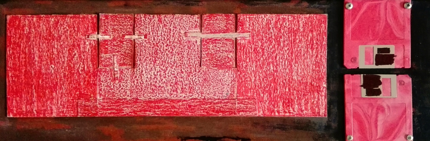 DiSK_BRiCKS -(Can data have scars too...?)- 2 x 3.5'' reddish Mac OS- formatted DiSKs screwed on acrylic painted canvas & carton, ready to use with marker- scars on them - ready to hang. 60 x 20 x 1.5 cms.