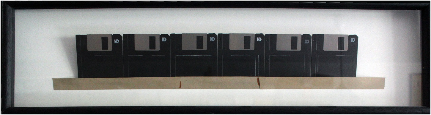 DiSK_GLASSBOX_[2] -(Can data have scars too...?)- 6 x 3.5'' Mac OS- formatted DiSKs ready to use with drawn scars on them in wooden- & glass showcase ready with hangers. 82 x 22.5 x 6 cms. 3.5'' DiSKS & Carton & Pencil on Wood & GLASS on Wood