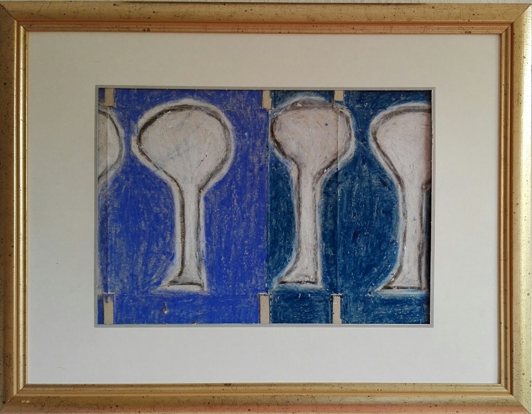 FAMILY - Oil crayon & photo- pieces (Eiffels- tower, Paris) on cardboard, framed. Ca. 34 x 44 cms.