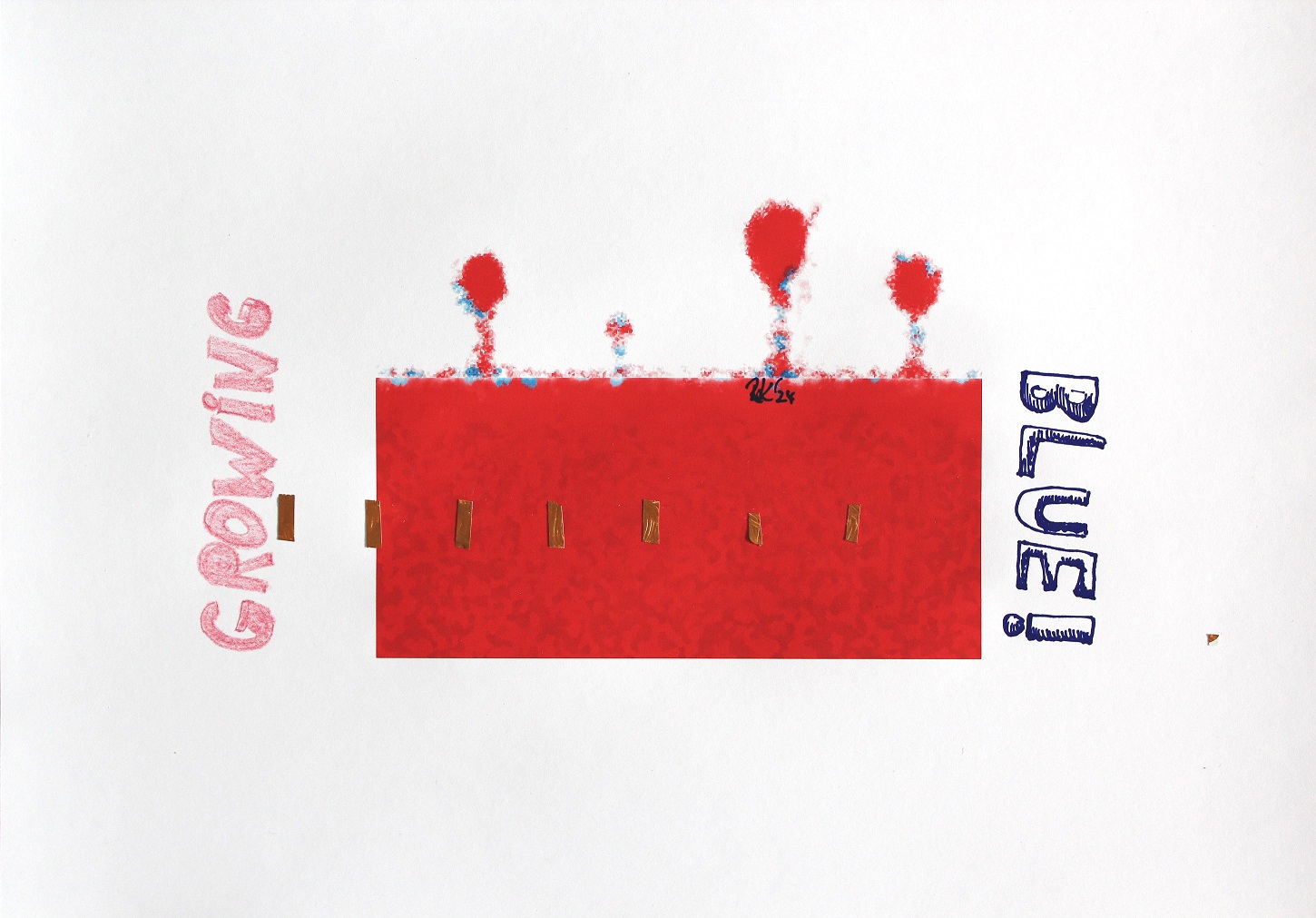 GROWiNG_BLUE! - (2024) Reason: TREE- portrait (or could it be us...?), 30 x 21 cms Print color & acrylic & foil & pen on paper; ready to frame.