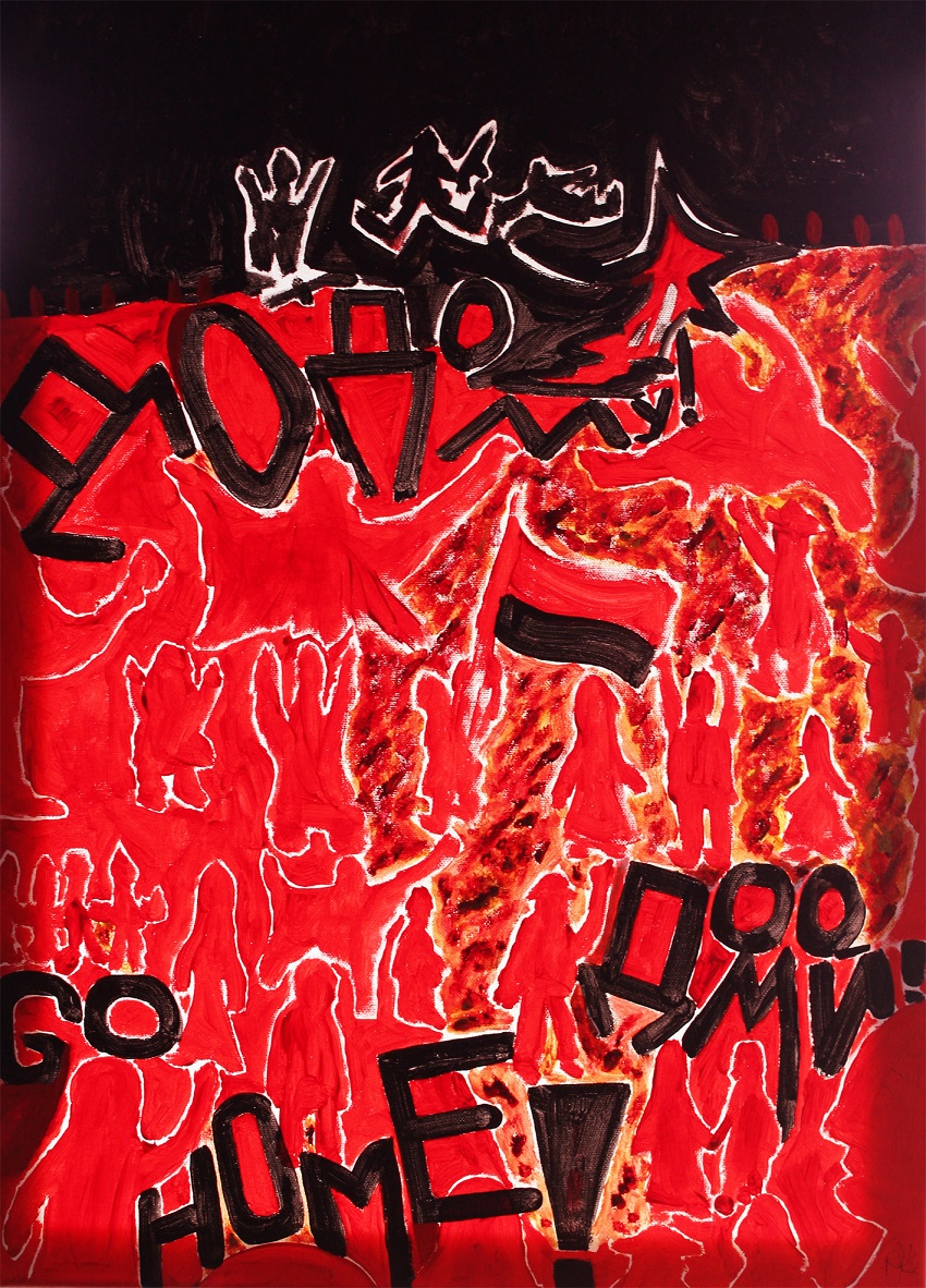 GoHOME! (Reason: Russian invasion on Ukraine from Feb. 2022 onwards) Acrylic on Canvas 50 x 70 x 1.5 cms. in front of a window to let more light on it - ready to hang