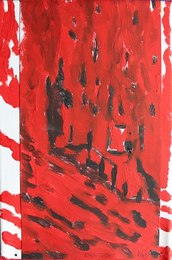 LaST_DAY - (Summer 2021) Acrylic, Nails on Carton & Canvas 20 x 30 x 1.5 cms. Upside: painted over the border to get a 3D effect, downside: pure wood, splintered and painted over with red to symbolize the greedy hunger of the fire on it! Ready to hang