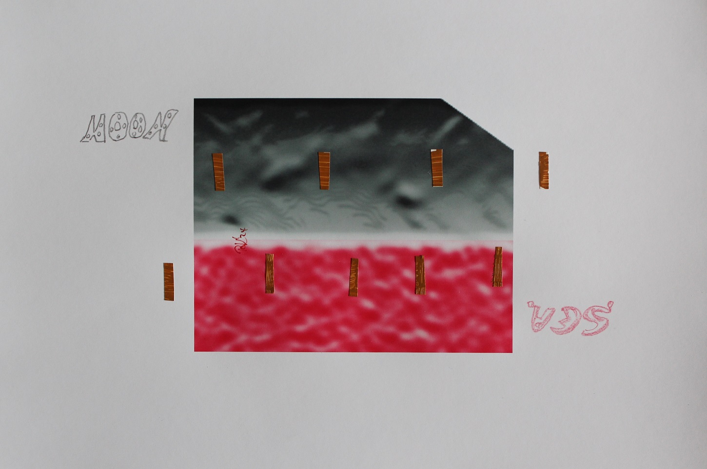 MOON_SEA - (Summer 2024) Reason: Seas on the moon, how'd that be?, 30 x 21 cms Print color & acrylic & foil & pen on paper; ready to frame.