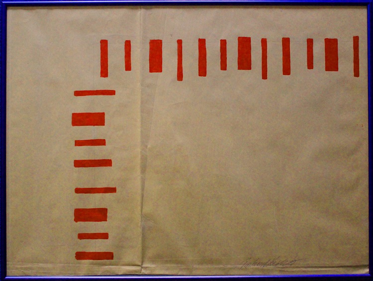 RED_SC_ART - When scars meet from different directions something new happens - Lacquer on folded packaging paper. 60 x 80 cms [here as an example in a blue metal- frame].