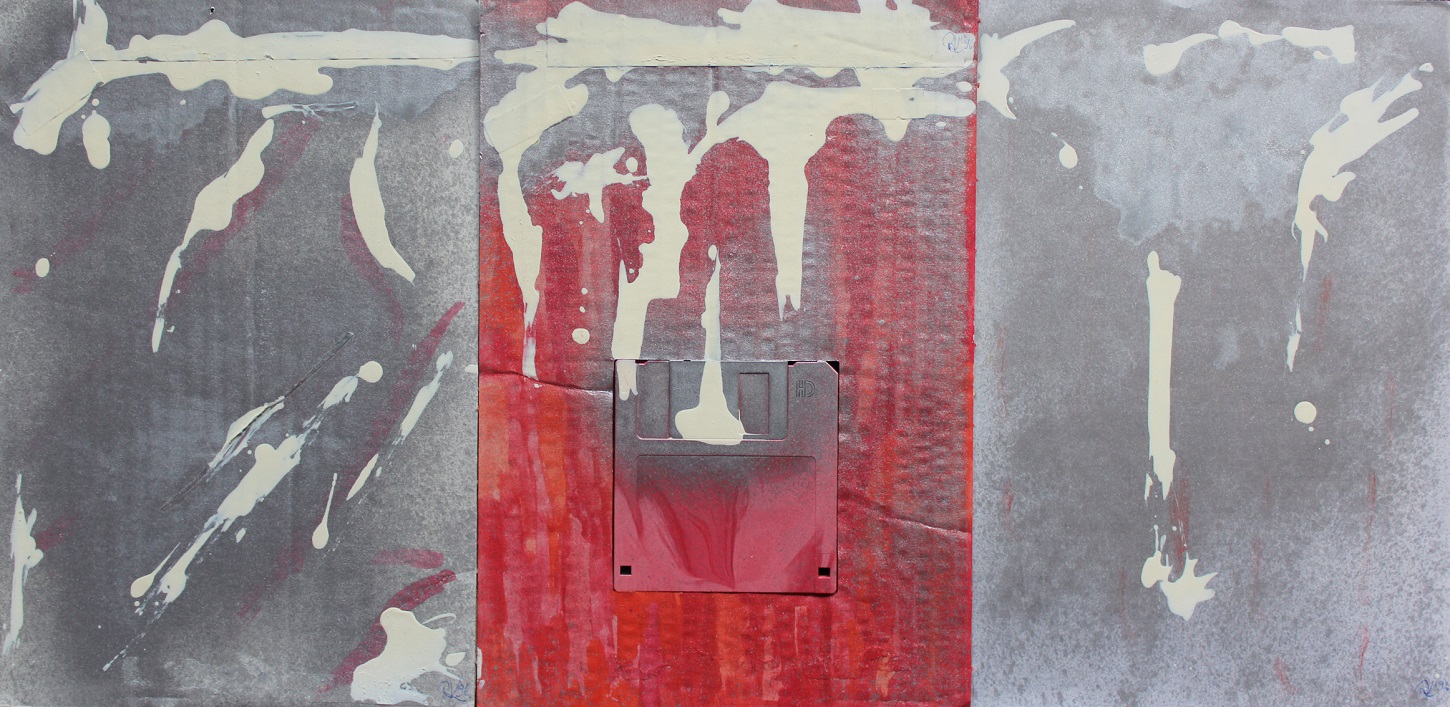 SiLVER_DiSK (1996) -(Can data have scars too...?)- one 3.5'' Mac OS- formatted DiSK ready to use Lacquer, Wallpaint & Spray- 'Digital Christmas' Collage on thick carton 88.2 x 30 x 0.3 cms. Ready to frame.