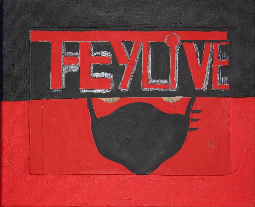 THEYLiVE - Inspired by the John Carpenter movie from the 80s - Acrylic & Marker on ThickCarton & Canvas - ready to hang - the silver glance is due to the reflection of light of the black marker (1st Jan. 2021), ca. 30 x 25 x 1.5cms